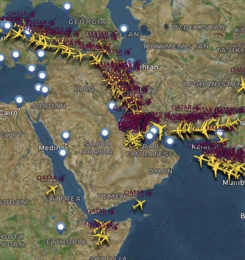 وضعیت پروازهای امروز (سه شنبه) خطوط هوایی قطر؛ هواپیماها به عنوان تنها راه در حال عبور از آسمان ایران هستند